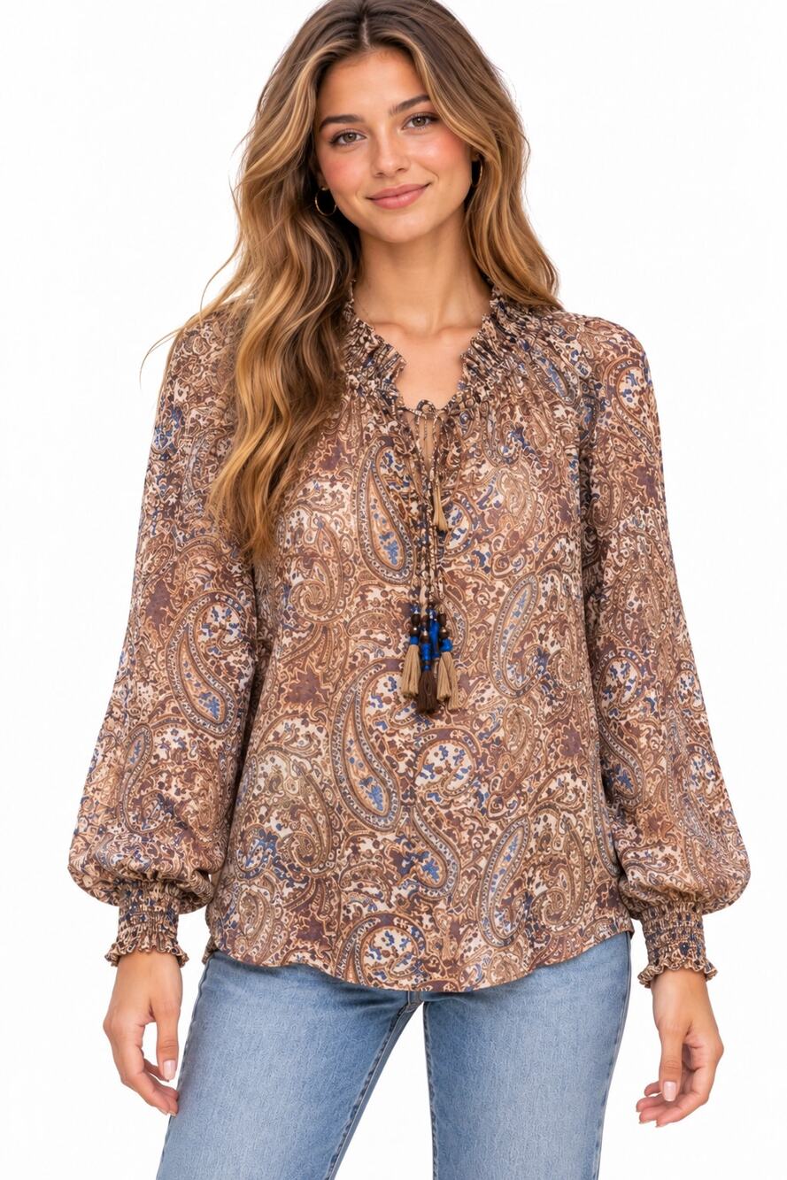 Zara Brown Paisley Top Womens Large Sheer Double Tassel Ties Peasant Boho Blouse